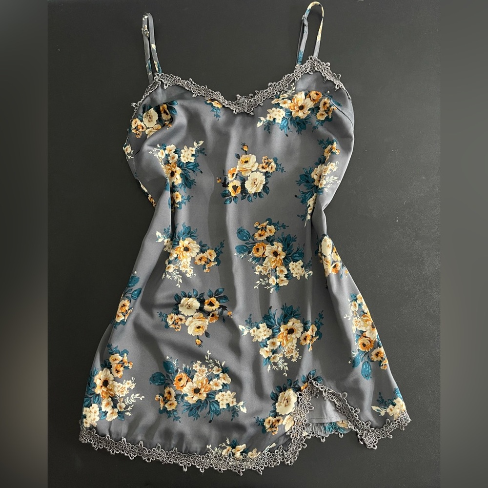 Grey satin floral mini slip dress